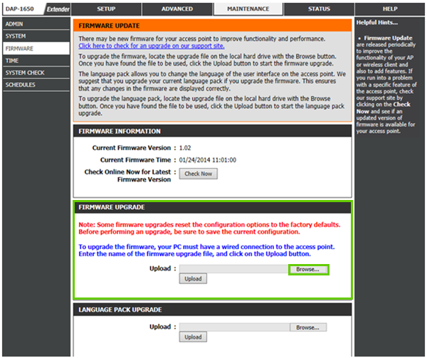 Getting ready to upgrade firmware by selecting browse