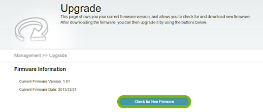 Check for New Firmware button highlighted in range extender web interface.