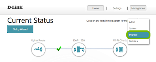 Upgrade option highlighted in menu of range extender's web interface.