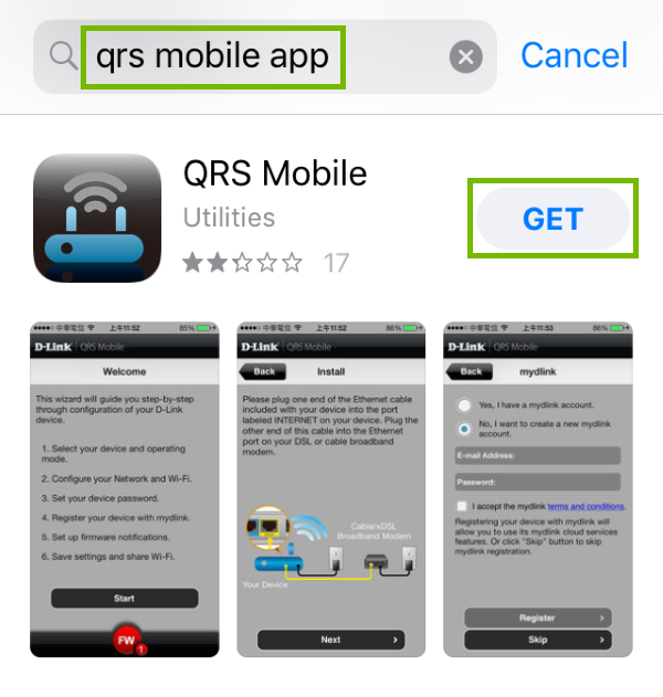 Keywords highlighted in search field of App Store and Get button highlighted for found app.