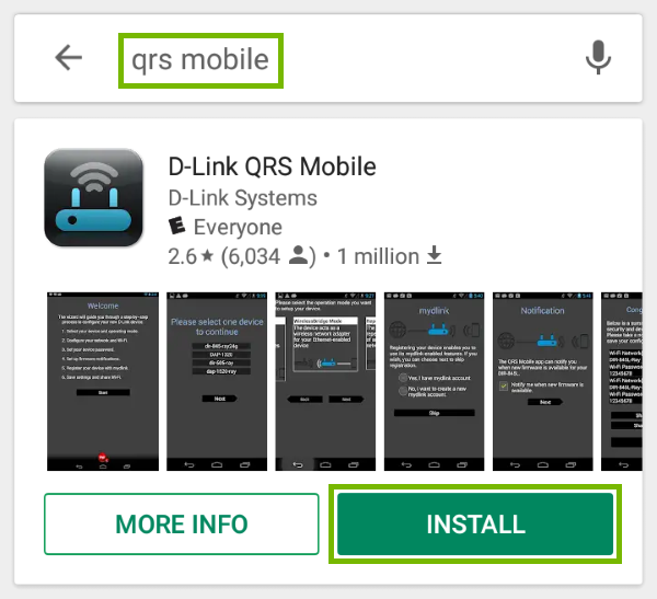 Keywords highlighted in search field of Google Play and Install button highlighted for found app.