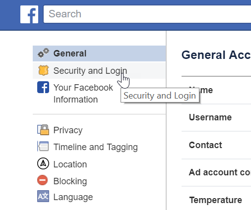 Facebook Security and Login menu