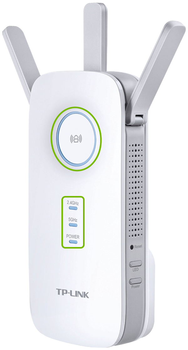 Indicator lights highlighted on front of TP-Link range extender.