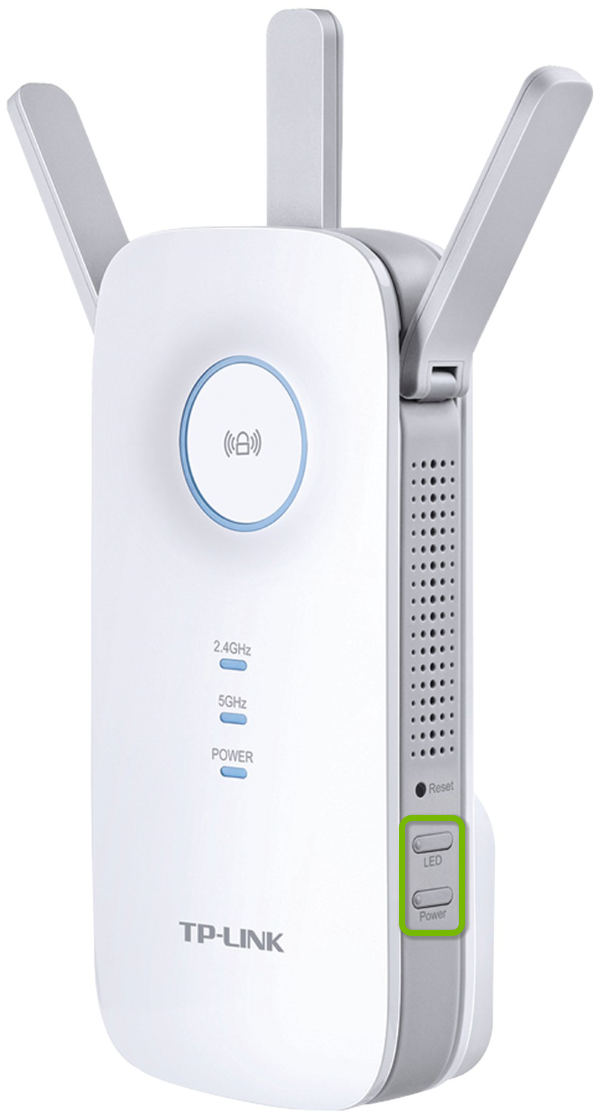 Power and LED buttons highlighted on side of TP-Link range extender.