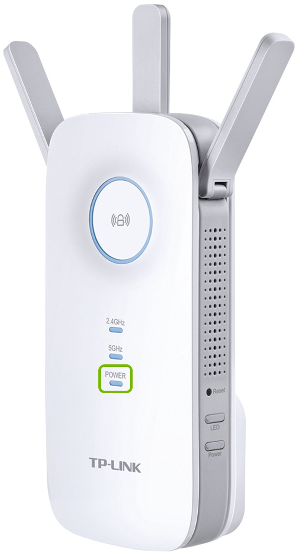 Power light highlighted on front of TP-Link range extender.