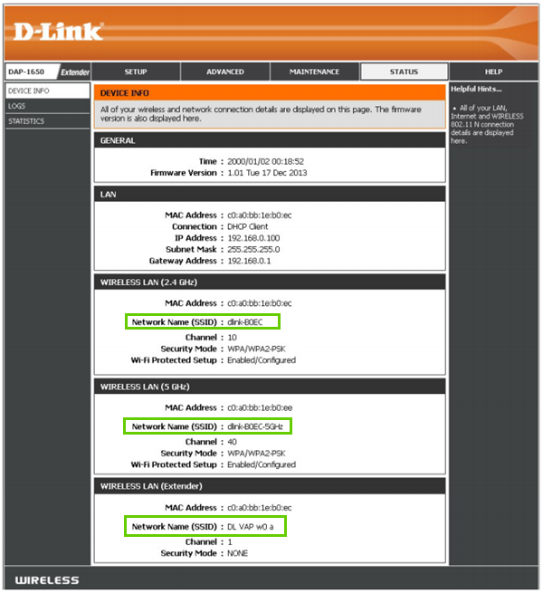 D-link DAP-1650 status page