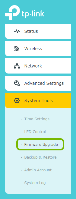 Firmware Upgrade option highlighted in menu of range extender's web interface.