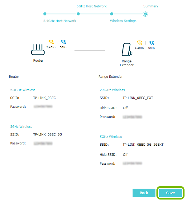 Save button highlighted on configuration summary page in range extender quick setup.