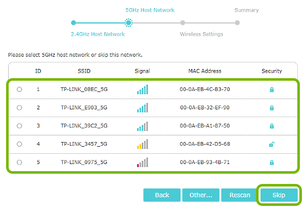 List of 5GHz networks and Skip button highlighted in range extender quick setup.