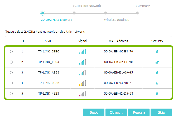 Wi-Fi network list highlighted in range extender quick setup.