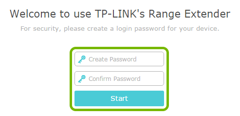 Password entry fields and Start button highlighted in TP-Link range extender web interface.
