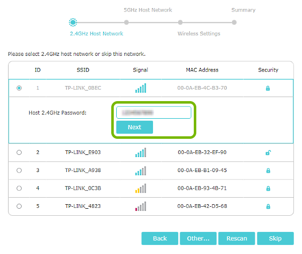Wi-Fi password entry field and Next button highlighted in range extender quick setup.
