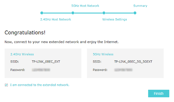 Range extender Wi-Fi credentials shown on quick setup final screen.