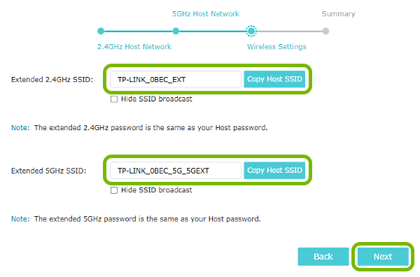 Wi-Fi network name entry fields, Copy Host SSID and Next buttons highlighted in range extender quick setup.