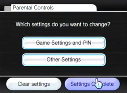 Nintendo Wii settings complete button