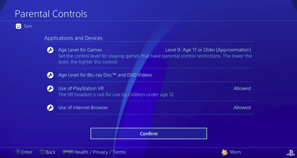 Parental controls landing page.