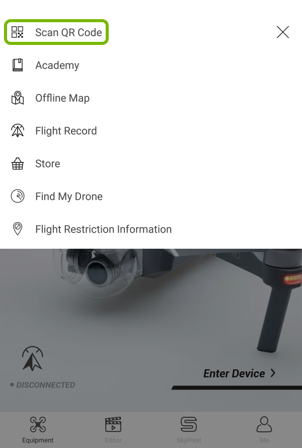 Scan QR Code option highlighted in app menu.