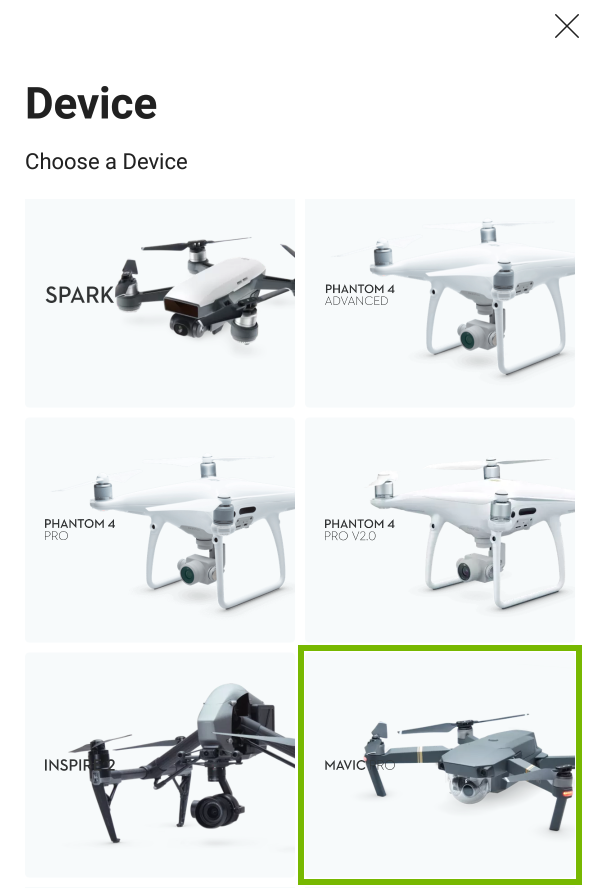 Mavic Pro drone highlighted on selection screen.