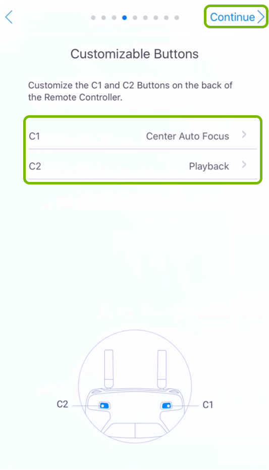 Customizable buttons' functions and Continue option highlighted in activation step.