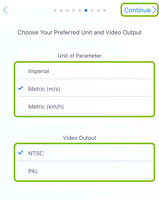 Measurement system choices, video output choices and Continue option highlighted in activation step.