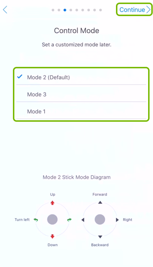 Control modes and Continue option highlighted in activation step.