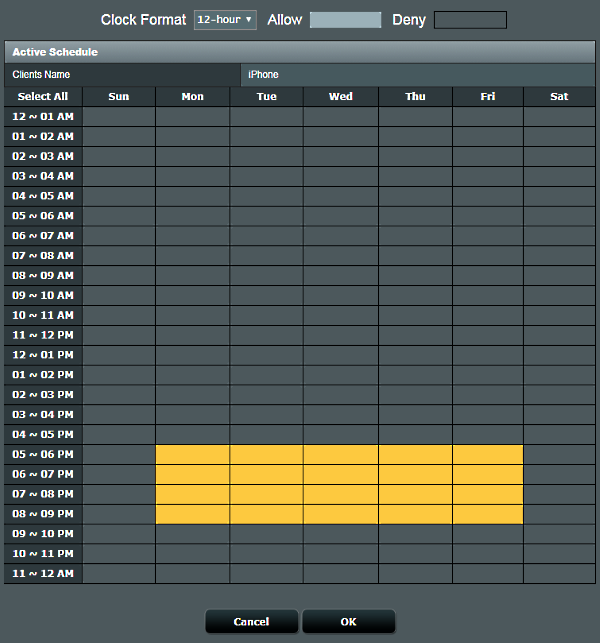 Schedule table with boxes being selected in Parental Controls configuration of ASUS router web interface.