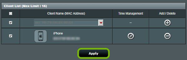 Apply button highlighted on Parental Controls screen of ASUS router web interface.