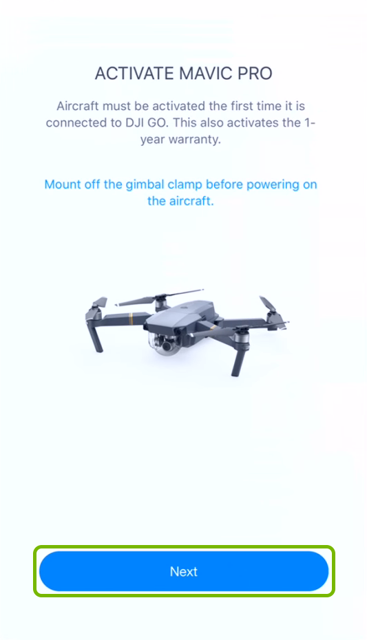 Next button highlighted activation prompt.