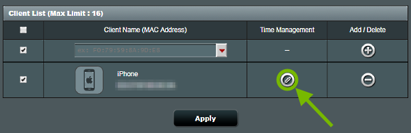 Edit button highlighted for added device on Parental Controls screen of ASUS router web interface.