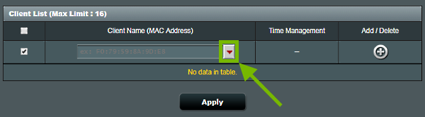 Drop down arrow highlighted on Parental Controls screen of ASUS router web interface.
