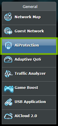 AiProtection option highlighted in menu of ASUS router web interface.