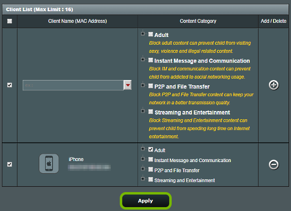Apply button highlighted on Parental Controls screen of ASUS router web interface.