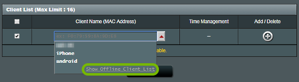 Show Offline Client List option highlighted in device selection drop down menu on Parental Controls screen of ASUS router web interface.