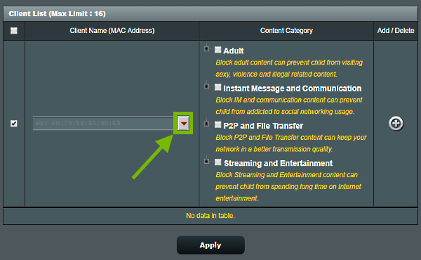 Drop down arrow highlighted on Parental Controls screen of ASUS router web interface.