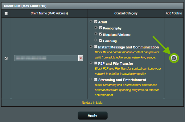 Add button highlighted to the right of the selected device on the Parental Controls screen of the ASUS router web interface.