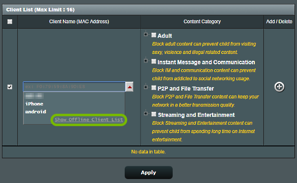 Show Offline Client List option highlighted in device selection drop down menu on Parental Controls screen of ASUS router web interface.