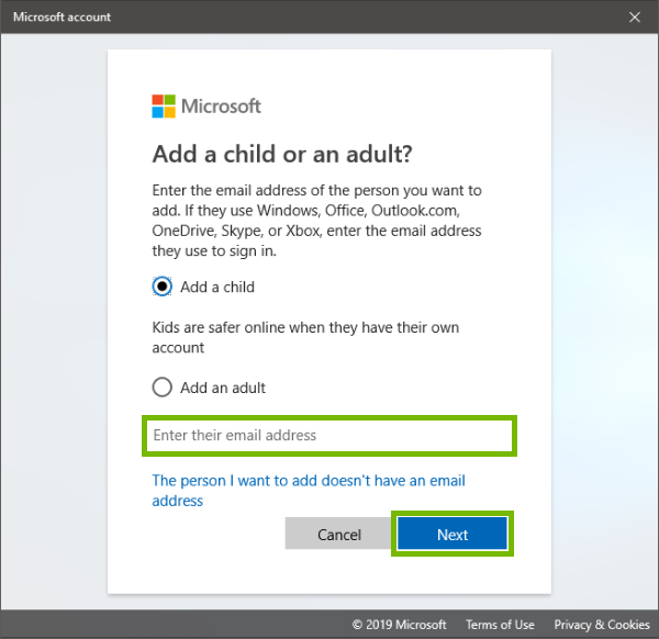 Microsoft username field and Next button highlighted