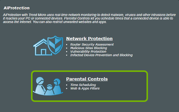 Parental Controls option highlighted in ASUS router web interface.