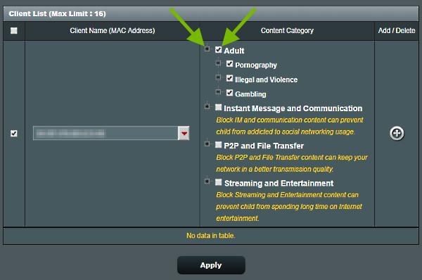 Plus sign and checkbox pointed out in Parental Controls configuration screen of ASUS router web interface.