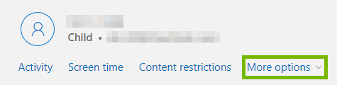 Child Account with more options highlighted