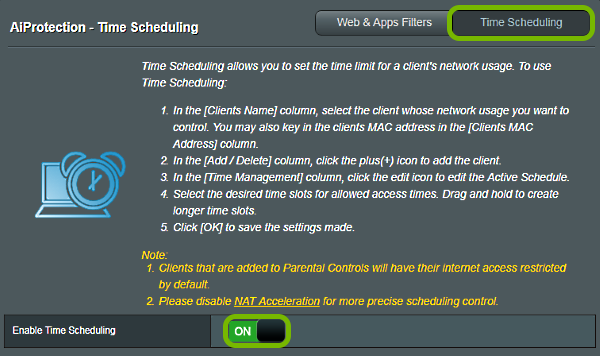 Feature tab and toggle button highlighted in ASUS router web interface.