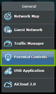 Parental Controls option highlighted in ASUS router web interface.