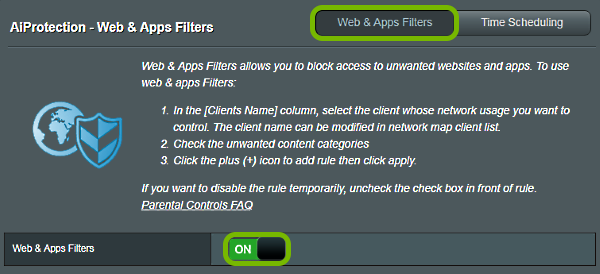 Feature tab and toggle button highlighted in ASUS router web interface.