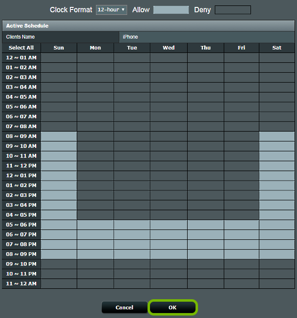 Schedule table showing allowed time slots for internet access in Parental Controls configuration of ASUS router web interface. OK button highlighted at the bottom.