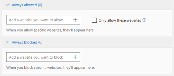 Always allowed and always blocked web filtering interfaces.