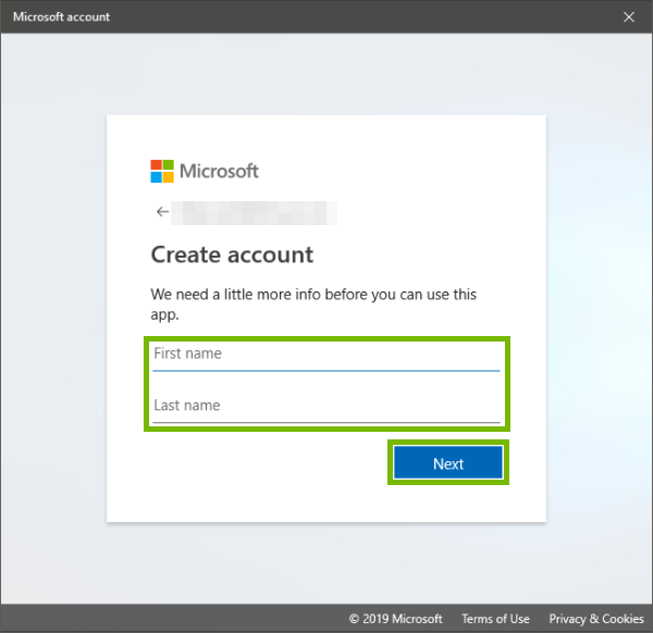 Name Field and Next highlighted