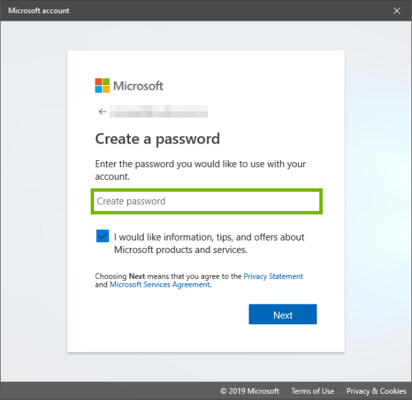 Password field and next highlighted