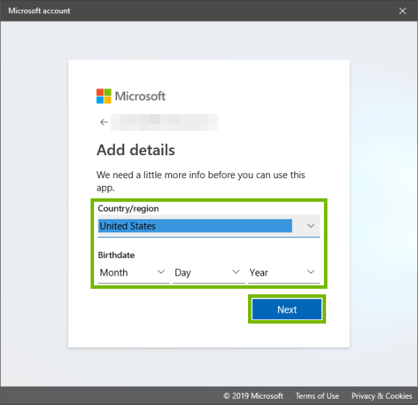 Region, birthdate, and Next button highlighted
