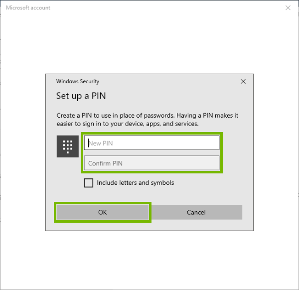 PIN field and OK highlighted