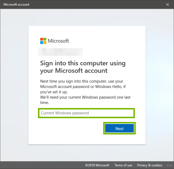 Current windows password field and next highlighted